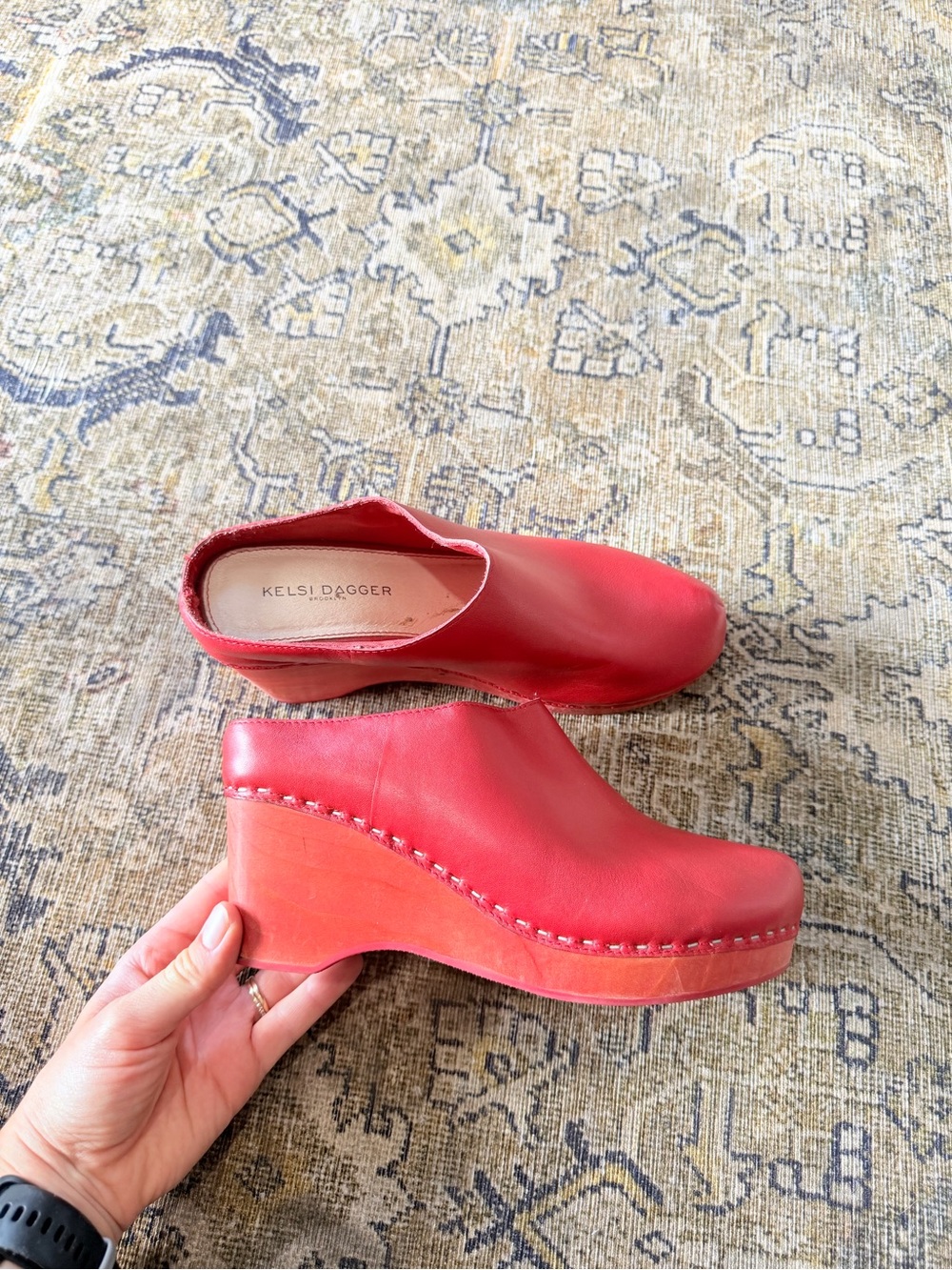 Kelsi Dagger Red Leather Wedge Clogs